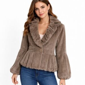 Ximaner Faux Fur Jacket Brown Ruffle Collar Peplum Balloon Sleeve Size L